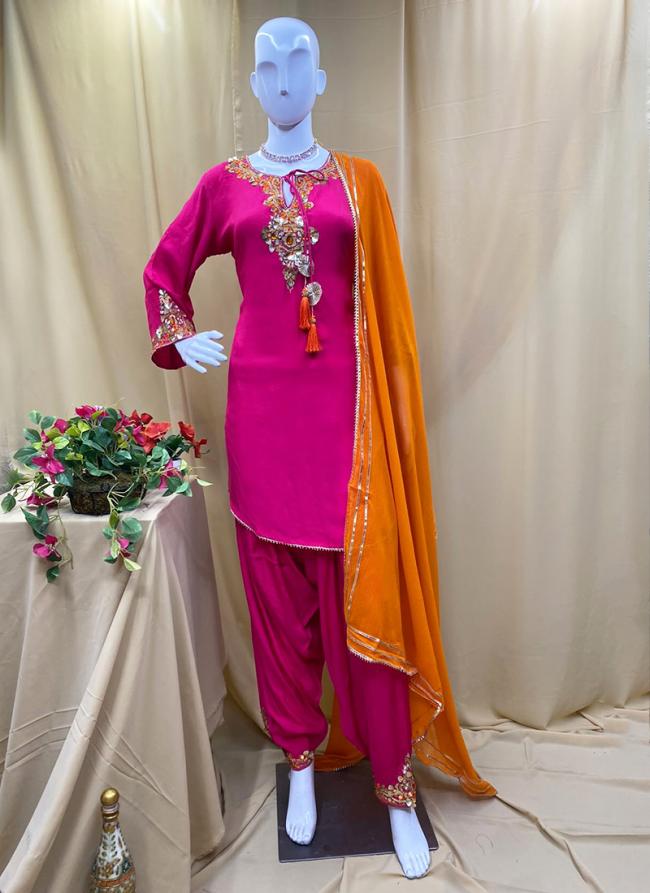 Muslin Rani Pink Party Wear Hand Work Readymade Salwaar Suit